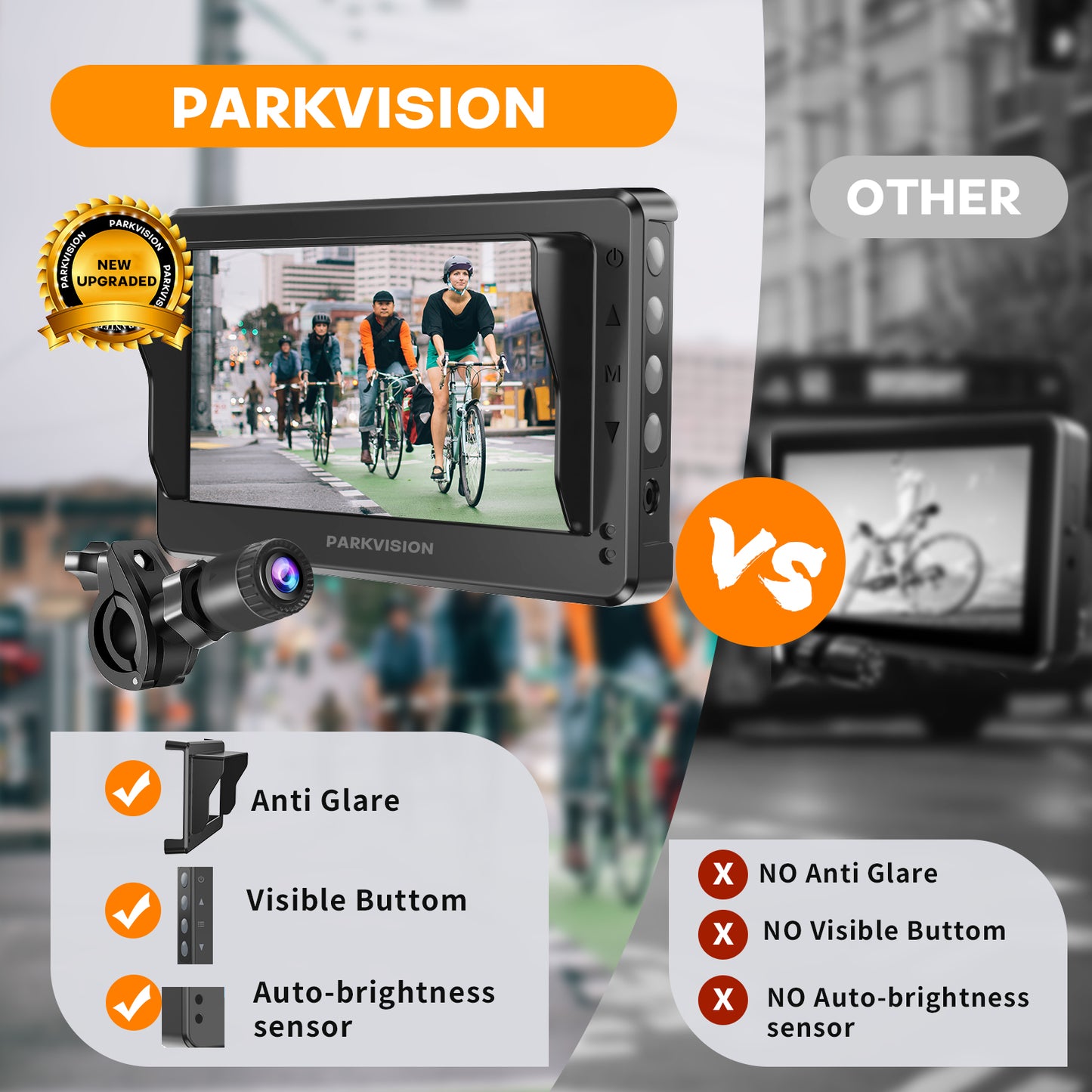PARKVISION Bicycle Rear View Camera with Sunshade -4.3''HD 1080P Monitor with Auto Dim, Waterproof Cam-8000mah Rechargeable Battery for Mountain Ebike
