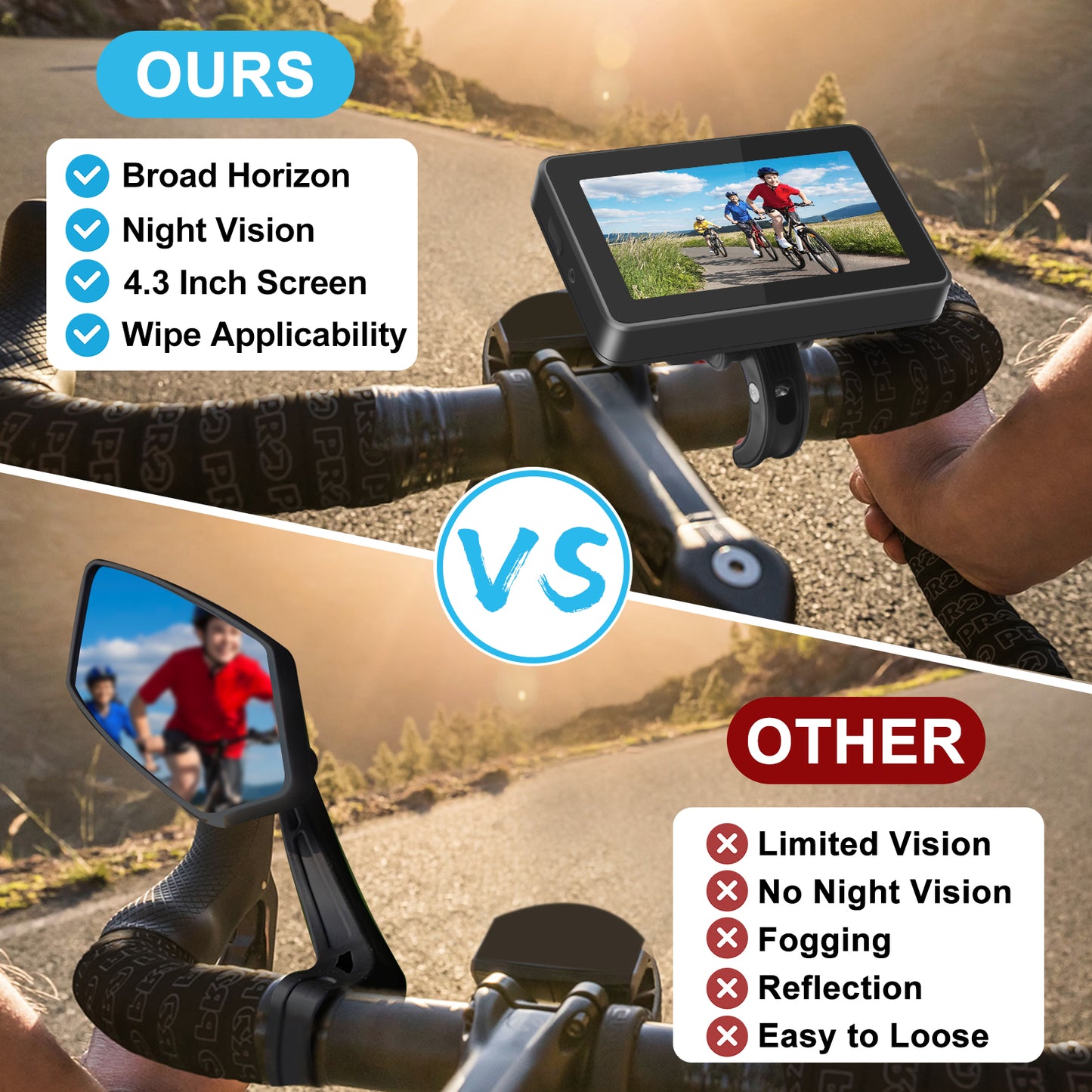 PARKVISION Bike Mirror,1080P AHD Bicycle Rear View Camera with 4.3''Screen Night Vision with 110°Appropriate Angle for Most Bikes