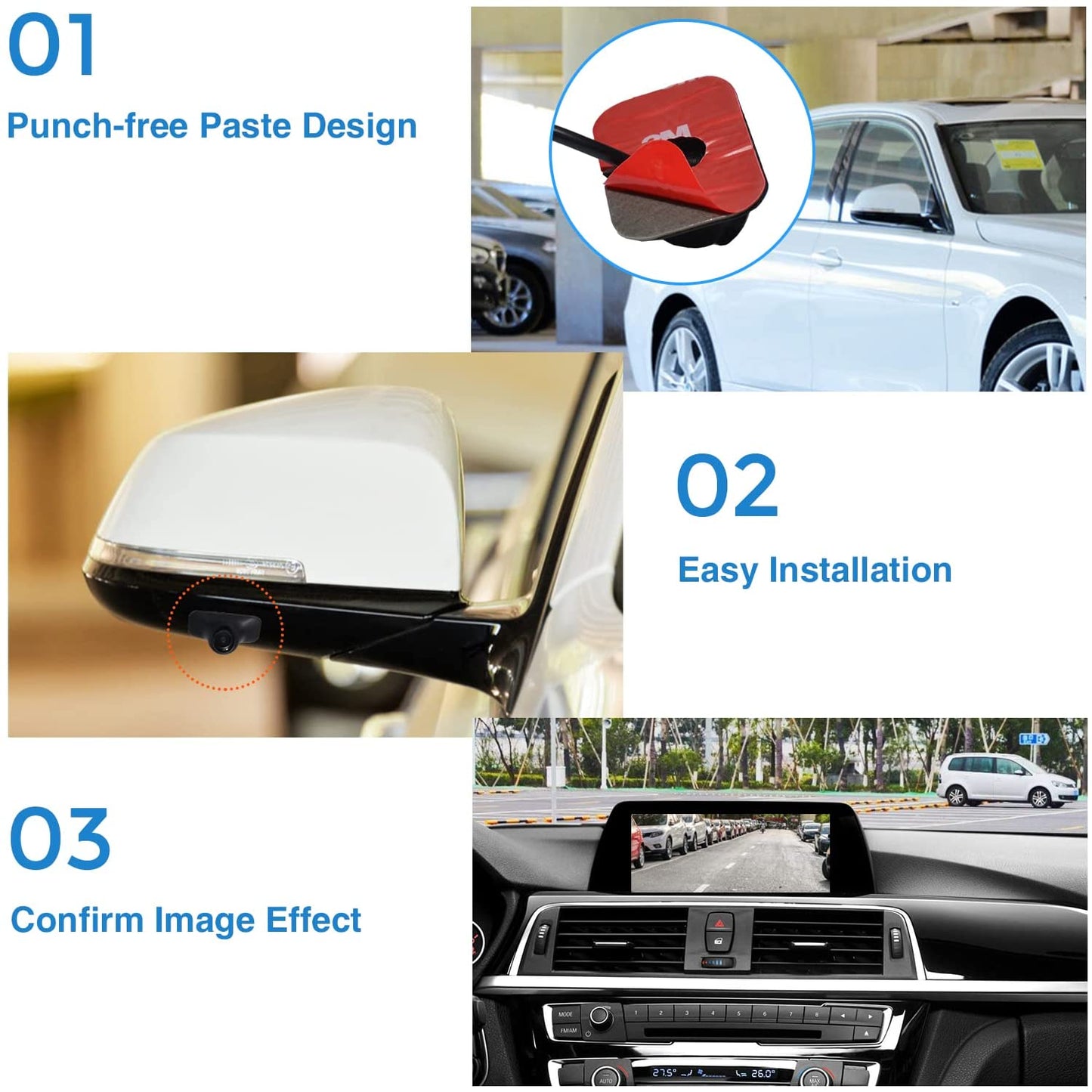 PARKVISION Mini Car Side View Camera,Paste installation,Upside Down Flip Image Function without Guideline