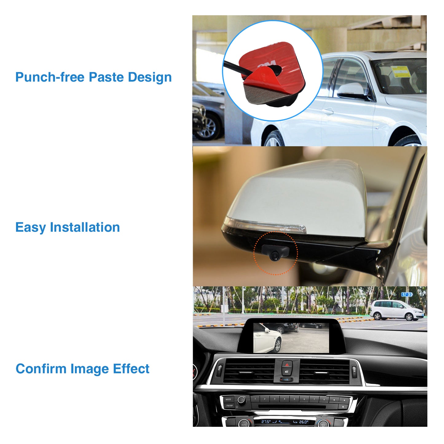 PARKVISION Mini Car Side View Camera,Paste installation,Upside Down Flip Image Function without Guideline