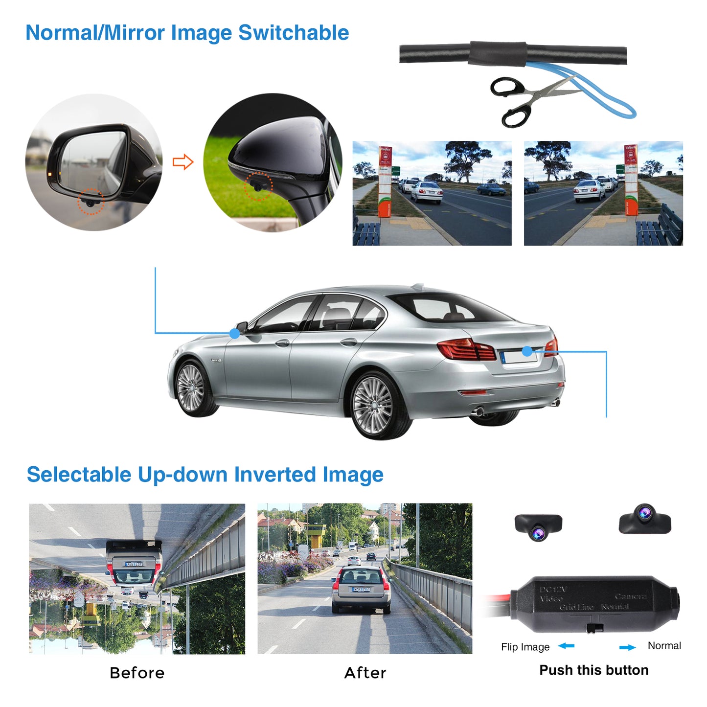 PARKVISION Mini Car Side View Camera,Paste installation,Upside Down Flip Image Function without Guideline