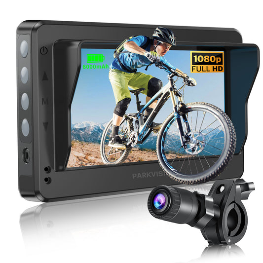 PARKVISION Bicycle Rear View Camera with Sunshade -4.3''HD 1080P Monitor with Auto Dim, Waterproof Cam-8000mah Rechargeable Battery for Mountain Ebike