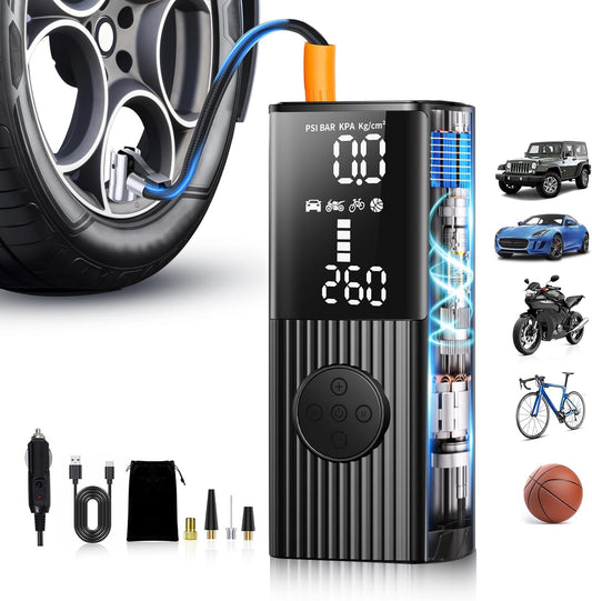 PARKVISION Electric Air Pump 7500mAh Battery Air Pump Bike Pump, 150PSI Portable Battery Compressor with LED Light, Dual Charging Modes Tire Pump for Car, Bike, Motorcycle, Balls, as Powerbank