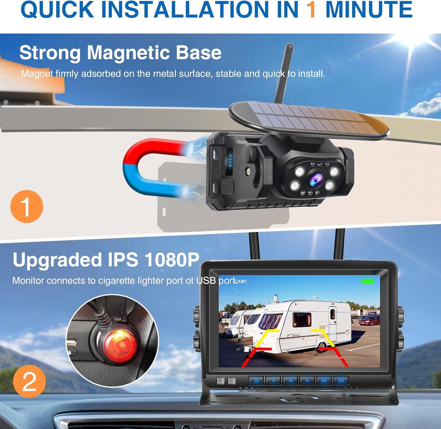 PARKVISION Reversing Camera Wireless Solar Magnetic with 7'' LCD Monitor