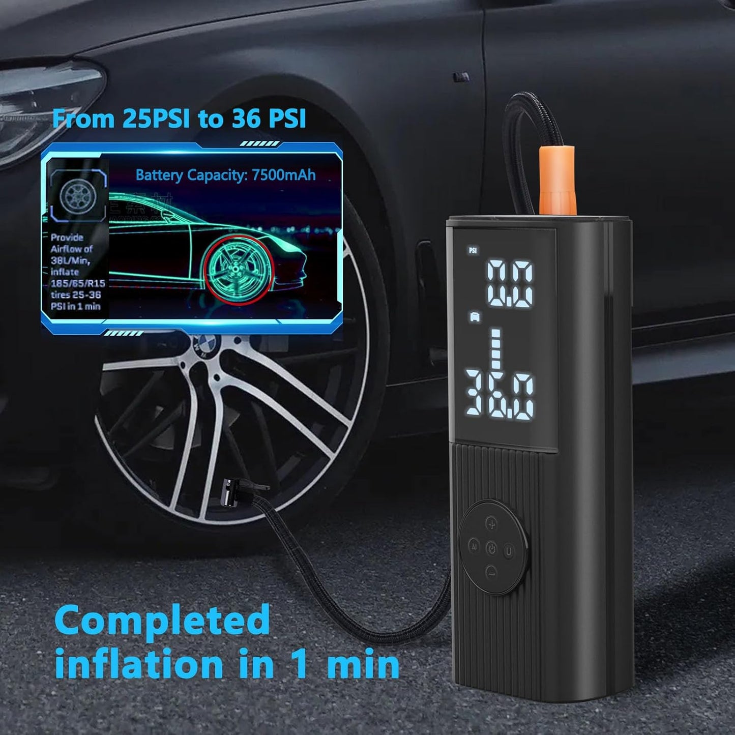 PARKVISION Electric Air Pump 7500mAh Battery Air Pump Bike Pump, 150PSI Portable Battery Compressor with LED Light, Dual Charging Modes Tire Pump for Car, Bike, Motorcycle, Balls, as Powerbank