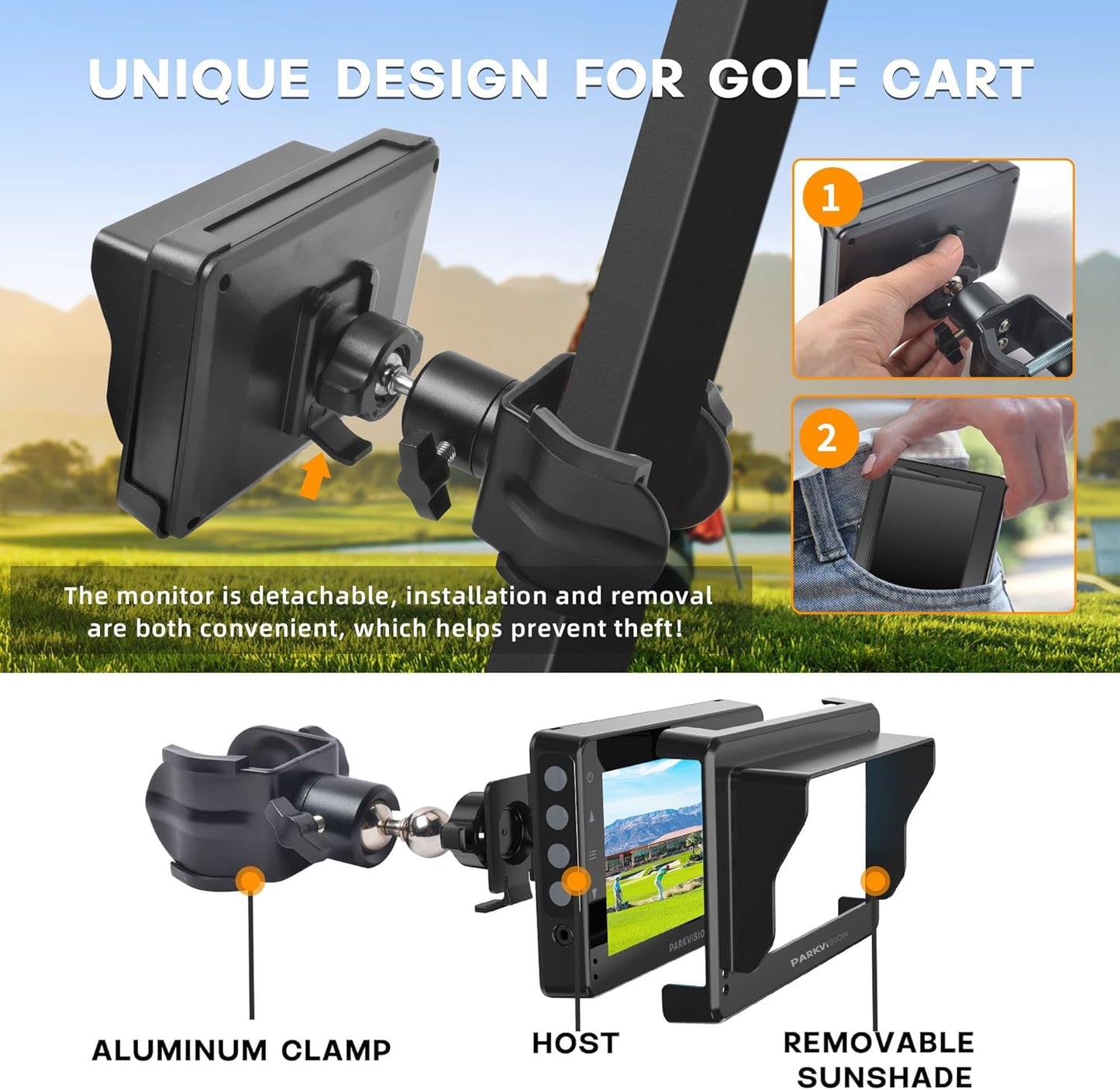 Golf Cart Mirrors Camera with Sunshade, 4.3'' HD 1080P Monitor 8000mah Rechargeable Battery