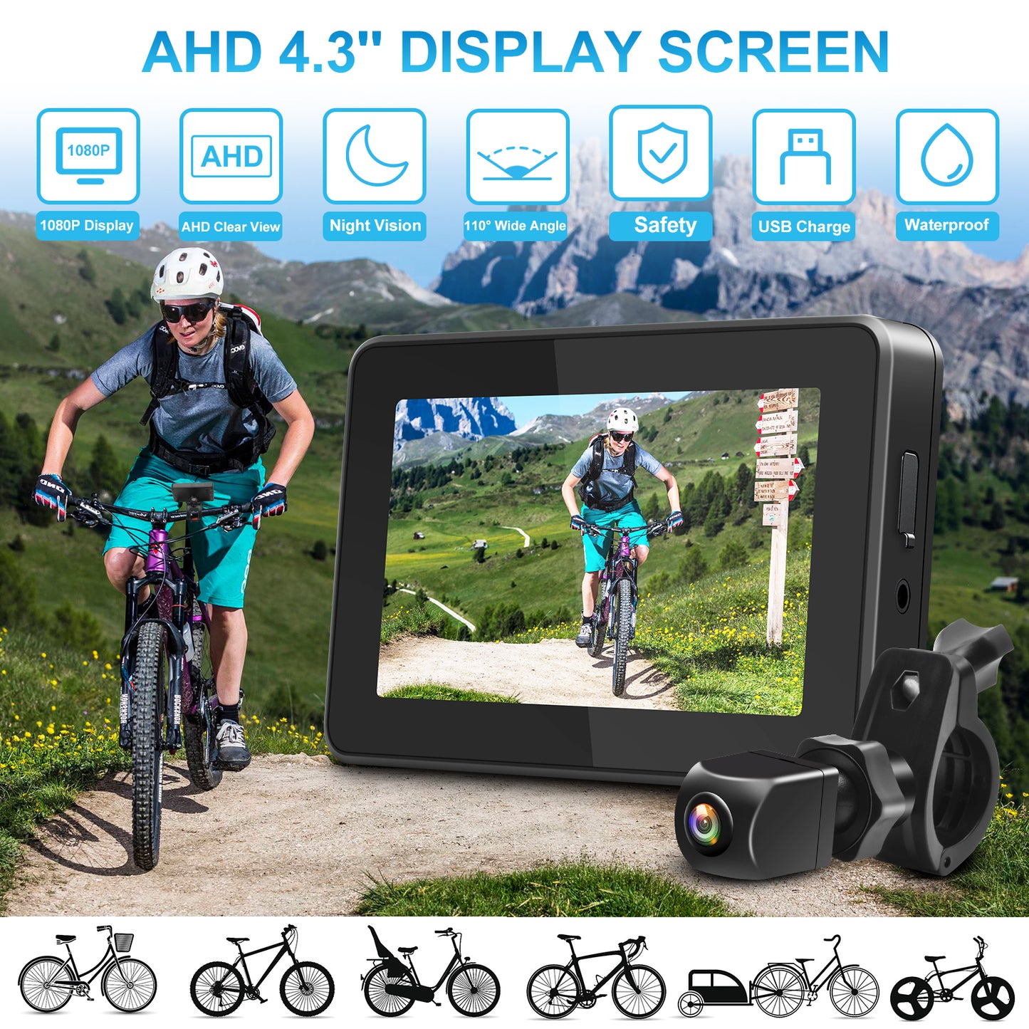 PARKVISION Bike Mirror,1080P AHD Bicycle Rear View Camera with 4.3''Screen  Night Vision with 110°Appropriate Angle for Most Bikes