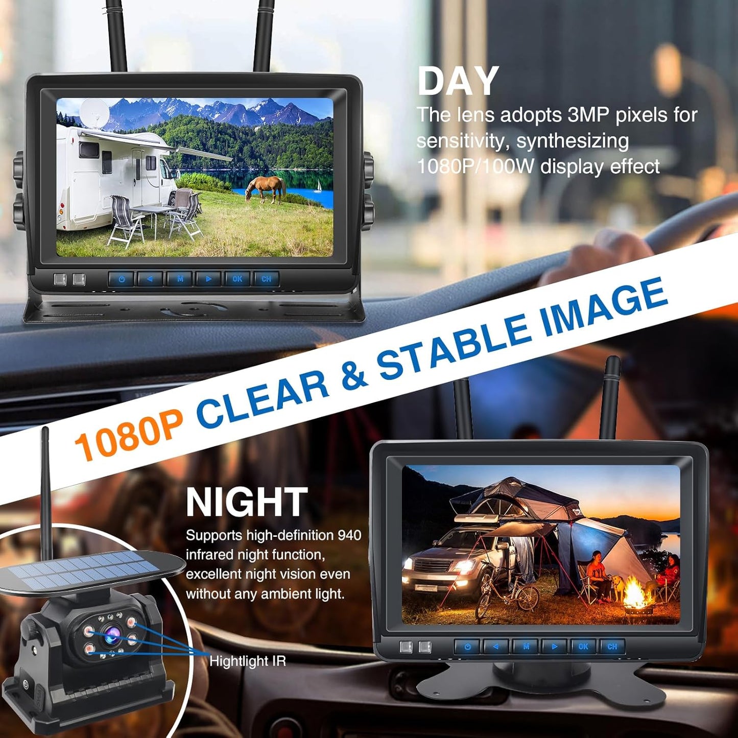 PARKVISION Reversing Camera Wireless Solar Magnetic with 7'' LCD Monitor