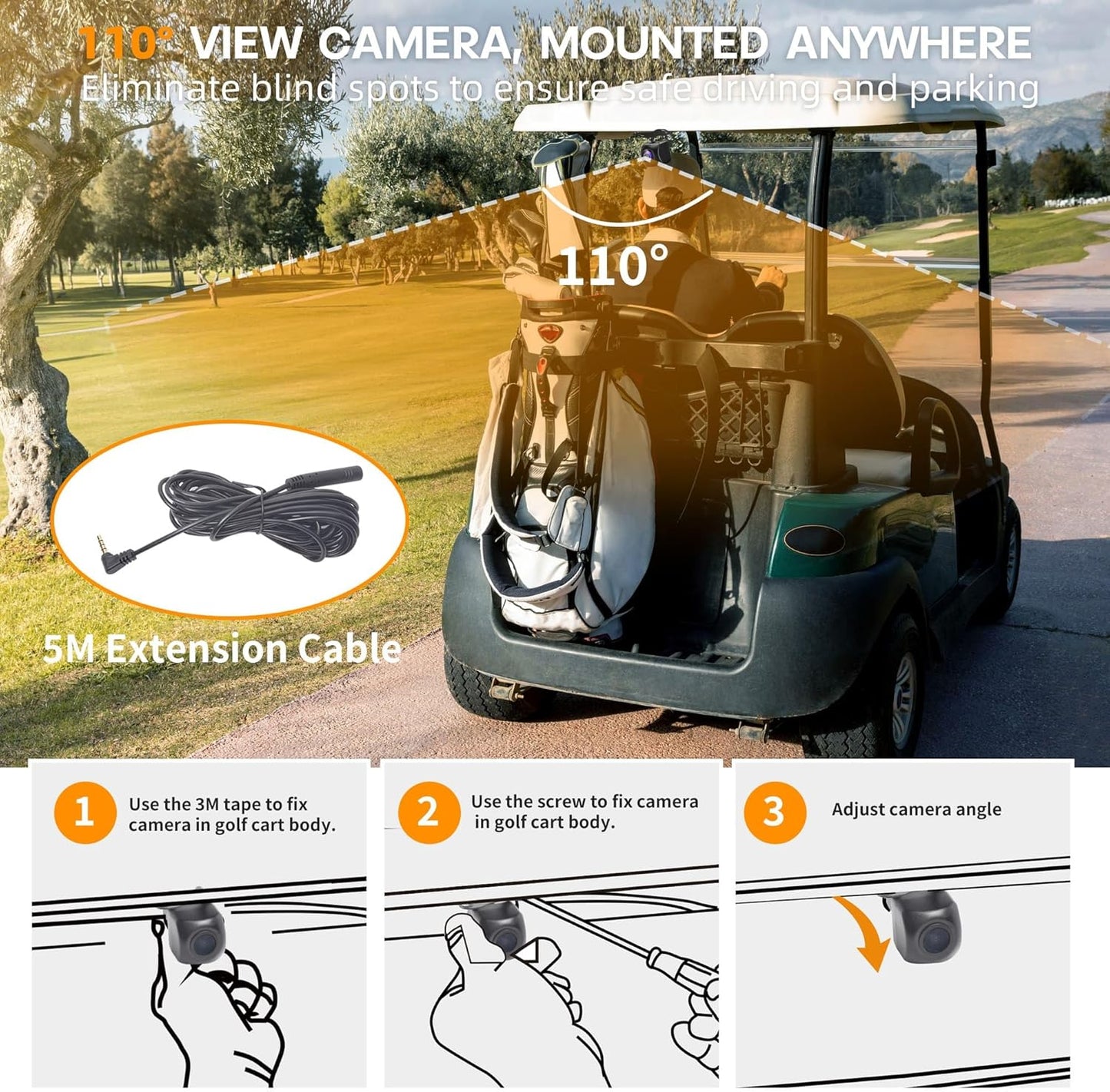 Golf Cart Mirrors Camera with Sunshade, 4.3'' HD 1080P Monitor 8000mah Rechargeable Battery