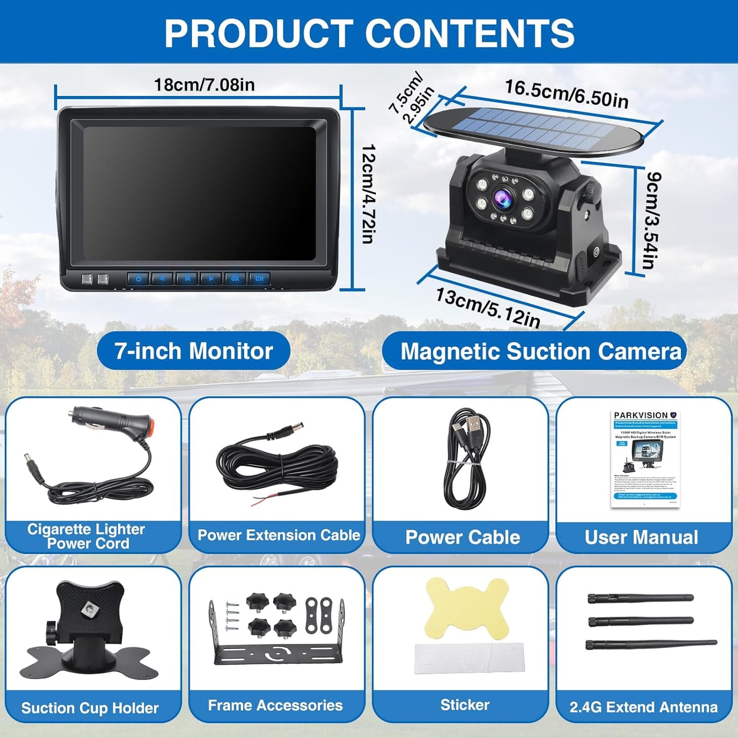 PARKVISION Reversing Camera Wireless Solar Magnetic with 7'' LCD Monitor